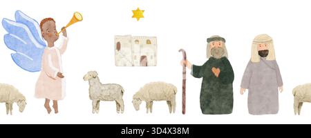 Pastori della Natività, angeli, casa di Betlemme e pecore. Bordo senza cuciture ad acquerello dipinto a mano isolato su bianco. Perfetto per i biglietti di Natale, domenica Foto Stock