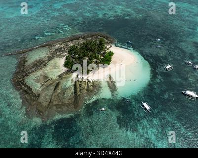 Vista droni dell'isola coperta da palme e spiaggia di sabbia bianca circondata dalla barriera corallina. Isola di Guyam. Siargao, Filippine. Foto Stock