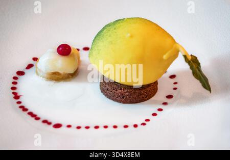 Dessert gourmet al cioccolato bianco a forma di limone, ripieno di gelato alla vaniglia, si trova su una base di cioccolato con puntini di salsa di frutti di bosco a Nizza, Francia Foto Stock