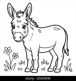 Pagina di colorazione dell'asino carino per bambini, foglio di colorazione degli animali stampabile per bambini, illustrazione facile dell'asino bianco e nero per il divertimento del colore Illustrazione Vettoriale