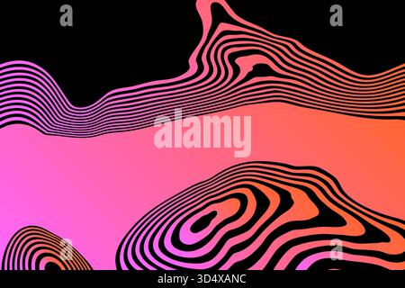 Illustrazione 3D astratta del flusso di liquido o delle onde sonore in rosa al neon su sfondo minimalista in nero puro. Foto Stock