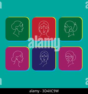 Sei diversi ritratti stilizzati di persone raffigurate in vari colori Illustrazione Vettoriale