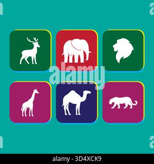 Sagome di animali su quadrati colorati che rappresentano diverse specie di animali selvatici Illustrazione Vettoriale
