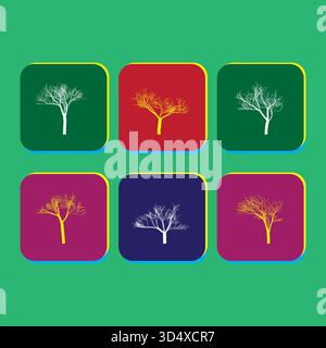 Collezione di colorate icone di alberi che rappresentano stagioni e prospettive diverse Illustrazione Vettoriale