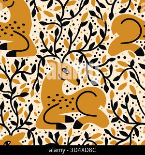 Golden Deer Christmas Seamless Pattern Forest Branches in stile Folk Vector Scandi Illustrazione Vettoriale