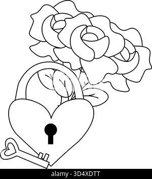 Heart Key e loch con rose composizione per San Valentino. Illustrazione della linea grafica vettoriale. Per la stampa di t-shirt, web design, saloni di bellezza, poster, Illustrazione Vettoriale