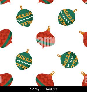 Motivo natalizio vintage senza cuciture con baule natalizie verdi e rosse in colori classici su sfondo beige Illustrazione Vettoriale