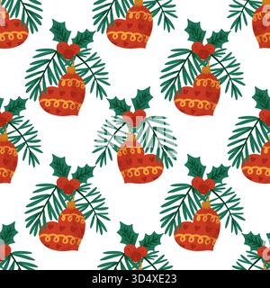 Motivo natalizio vintage senza cuciture con baubles di cuore rosso foglie di agrifoglio e rami di Fir verde su sfondo beige Illustrazione Vettoriale