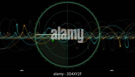 Visualizzazione della griglia radar centrale con mirino verticale sullo schermo, con tracce di verde azzurro e segnale acustico verde Foto Stock