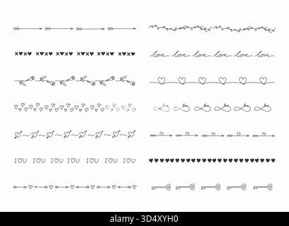 Ampia serie di bordi delle linee disegnati a mano, tratti di scarabocchi ed elementi di design isolati su bianco. Tema d'amore. Illustrazione Vettoriale