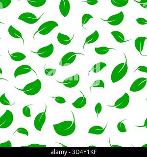 Motivo a foglia verde senza cuciture su sfondo bianco. Natura e stile di vita sano. Perfetto per design ecologico, prodotti a base di erbe, cosmetici naturali, Illustrazione Vettoriale