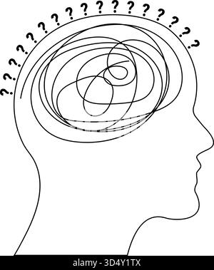 Un vettore minimalista di una testa umana con un cervello disordinato e punti interrogativi circostanti simboleggia la confusione lo stress e il complesso Illustrazione Vettoriale