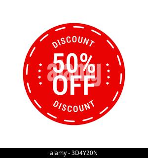 badge adesivo rotondo rosso con cartellino con sconto del 50% in grassetto e bordo tratteggiato ideale per banner di marketing pubblicitari in offerte speciali Illustrazione Vettoriale