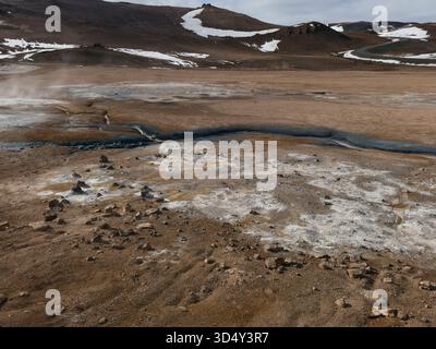 Paesaggio magico e suggestivo con campi geotermici e vulcani nella valle di Hverir (Hverarönd) nella regione di Mývatn, Islanda. Foto Stock