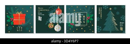Set di biglietti per buone feste e auguri di buon Natale. Regalo di Natale, bacca di holly e albero di natale. Felice anno nuovo 2026, design vettoriale alla moda Illustrazione Vettoriale