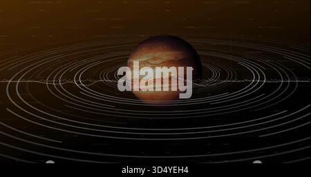 Visualizzazione di giganti gassosi centrali che ruotano nello spazio profondo, che mostrano bande, tempesta, anelli, cinghia tratteggiata, dati Foto Stock
