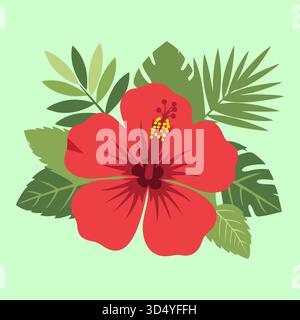 Vettore piatto di un fiore d'ibisco rosso con foglie tropicali su sfondo verde chiaro, illustrazione botanica per l'uso in vari disegni Illustrazione Vettoriale