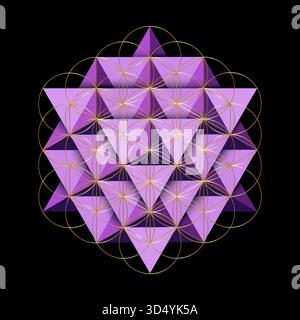 Geometria sacra, solidi platonici tetraedri 3D, Fiore della vita, Mandala dorato e viola, seme della vita, simbolo di armonia ed equilibrio. Talisma mistico Illustrazione Vettoriale