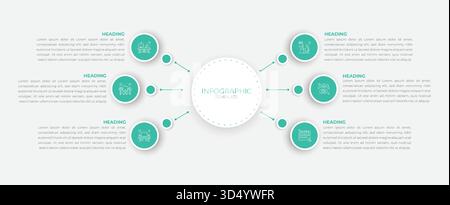 Infografica con sei icone di colore verde scuro per il flusso di lavoro aziendale, le fasi del progetto e il processo creativo, per un design minimale pulito per presentazioni professionali. Illustrazione Vettoriale
