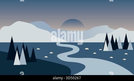 Paesaggio invernale con montagne e fiume Illustrazione Vettoriale