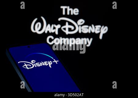 Bruxelles, Belgio. 12 novembre 2025. Il logo Disney Plus viene visualizzato su un telefono cellulare con il marchio dell'azienda visibile sullo sfondo, in questa illustrazione fotografica a Bruxelles, Belgio, il 12 novembre 2025. (Foto illustrazione di Jonathan RAA/NurPhoto) crediti: NurPhoto SRL/Alamy Live News Foto Stock