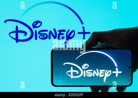 Bruxelles, Belgio. 12 novembre 2025. Il logo Disney Plus viene visualizzato su un telefono cellulare con il marchio dell'azienda visibile sullo sfondo, in questa illustrazione fotografica a Bruxelles, Belgio, il 12 novembre 2025. (Foto illustrazione di Jonathan RAA/NurPhoto) crediti: NurPhoto SRL/Alamy Live News Foto Stock
