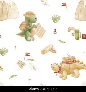 Immagina i dinosauri Tyrannosaurus Stegosaurus che viaggiano in montagna. Illustrazione ad acquerello, disegnata a mano in stile infantile. Stampa senza interruzioni isolata Foto Stock