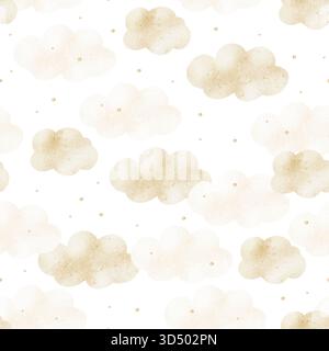 Motivo di nuvole di acquerello in beige tenue. Illustrazione disegnata a mano in stile infantile. Stampa senza cuciture su uno sfondo isolato per i tessuti Foto Stock