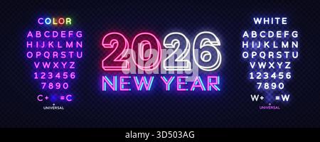 Elegante scritta al neon per il Capodanno 2026 con alfabeti luminosi su entrambi i lati. Font modificabili pronti all'uso per progetti di vacanza creativi e digitali Illustrazione Vettoriale
