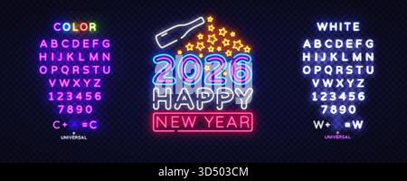 Neon felice anno nuovo 2026 con bottiglia luminosa e scoppio di stelle. Include set di caratteri bianchi e colori brillanti per un design universale modificabile. Vettore Illustrazione Vettoriale
