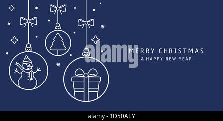 Buon banner natalizio. Decorazioni con fiocchi di neve bianchi e palle appese su sfondo blu scuro. Illustrazione vettoriale. Illustrazione Vettoriale