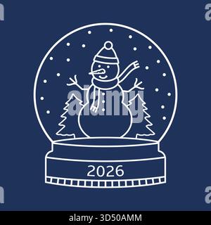 Globo della neve con l'icona del pupazzo di neve e della linea degli alberi. Illustrazione vettoriale. Illustrazione Vettoriale