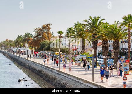 Lagos, Portogallo, 8 novembre 2025. La gente ama passeggiare e fare shopping lungo la vivace passeggiata delle palme accanto al lungomare. Foto Stock