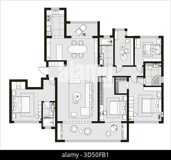 Disposizione dettagliata del piano di un moderno appartamento Illustrazione Vettoriale