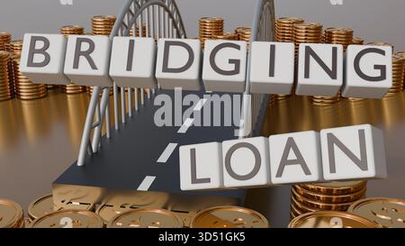 Rendering 3D di un ponte ad arco con le parole "PRESTITO PONTE" e monete d'oro Foto Stock