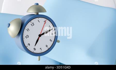 Una rappresentazione in 3d di una piccola sveglia a doppia campana poggia su una superficie piana, su un cuscino o su morbidi elementi di biancheria, a rafforzare il tema del sonno. Foto Stock