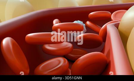 Un'illustrazione 3D rappresentata dell'interno di un vaso sanguigno, mostrata in sezione trasversale. Una visione ravvicinata del sistema circolatorio. Foto Stock