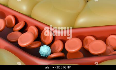Un'illustrazione 3D rappresentata dell'interno di un vaso sanguigno, mostrata in sezione trasversale. Una visione ravvicinata del sistema circolatorio. Foto Stock