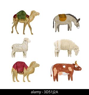Mucca, asino, due pecore e cammelli. Gli animali della natività acquerelli sono isolati su sfondo bianco. Ideale per scene natalizie, libri per bambini, fattoria Foto Stock