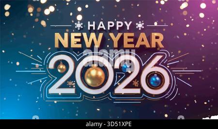 Sfondo moderno per festeggiamenti per Capodanno 2026 con ornamenti dorati e luci bokeh Illustrazione Vettoriale