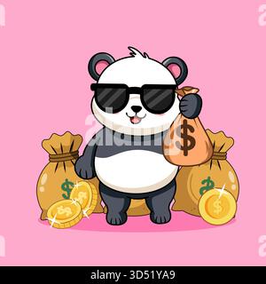Carino personaggio di Panda con occhiali da sole e custodia per il denaro contante, illustrazione vettoriale, design di un cartone animato Illustrazione Vettoriale