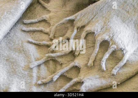 Primo piano di una calda e soffice coperta con una texture morbida e frangia decorativa. Foto Stock