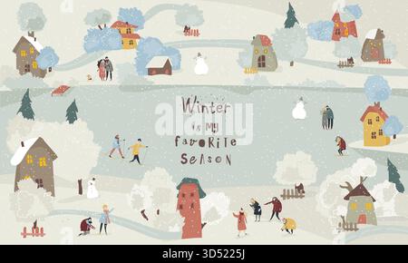 Cartoni animati gente felice che si diverte neve nella piccola città. Paesaggio invernale Illustrazione Vettoriale