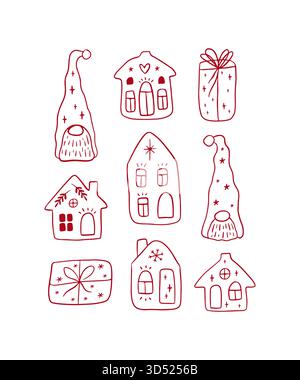 Case di Natale e gnomi disegnati a mano Illustrazione Vettoriale