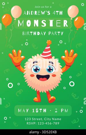 Festa di compleanno Monster Kids Vertical Invitation Green. Illustrazione Vettoriale