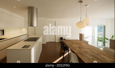 Interno di una cucina moderna con cappuccio sopra il piano cottura. Nelle vicinanze si trova un grande tavolo in legno con due bellissime lampade sopra di esso. Un raggio di luce entra attraverso Foto Stock