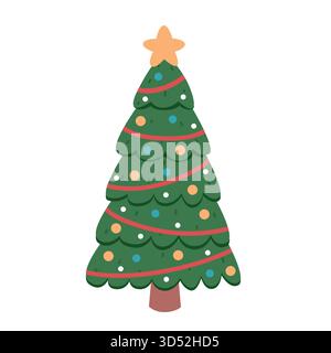 Graziosa illustrazione natalizia con un albero di Natale. Vacanze invernali in stile piatto. Illustrazione Vettoriale