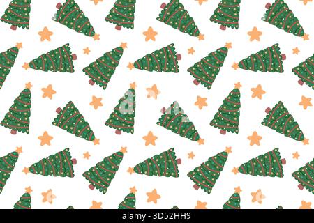 Motivo natalizio senza cuciture con un albero di Capodanno decorato con ghirlande e stelle. Elementi di design disegnati a mano. Buone vacanze. Illustrazione Vettoriale