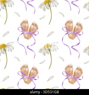 Piedini prematuri legati con fiocco di seta viola e fiori di camomilla. Illustrazione simbolica ad acquerello per la consapevolezza neonatale, World Prematurity Foto Stock