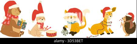 Carini animali di natale nel cappello di babbo natale. Cuccioli della foresta con canna da zucchero, tamburo, regalo e pappagalli, ghirlande. Coniglio, volpe, cervi e birra, riccio, wi Illustrazione Vettoriale